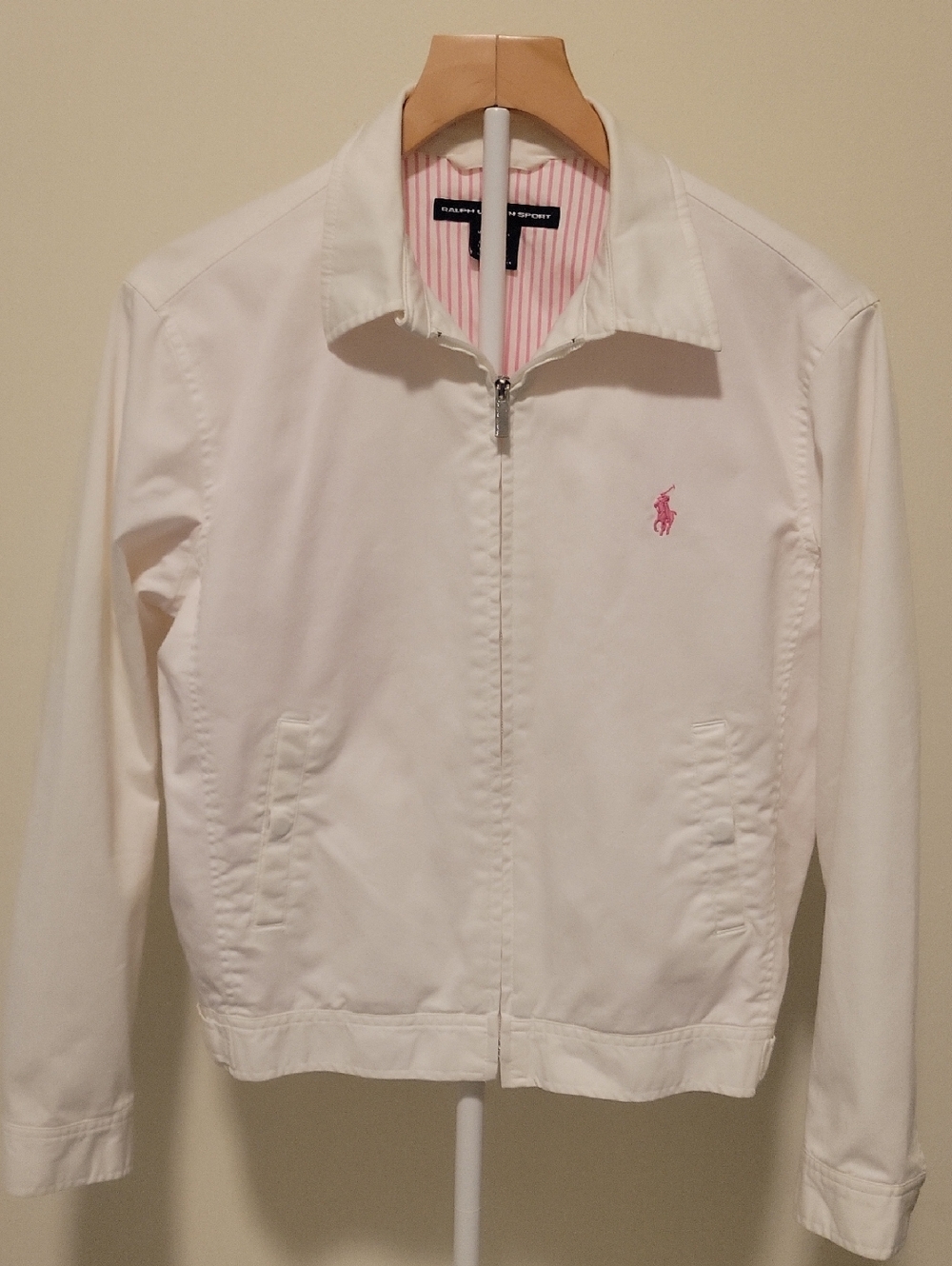 Ralph Lauren White Zip Jacket with Pink Pony Accent